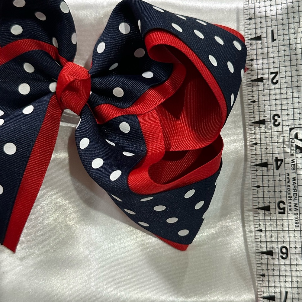 Navy and Red Polka Dot Kids Hair Bow - bundle 2+ and save on shipping. - Picture 4 of 7